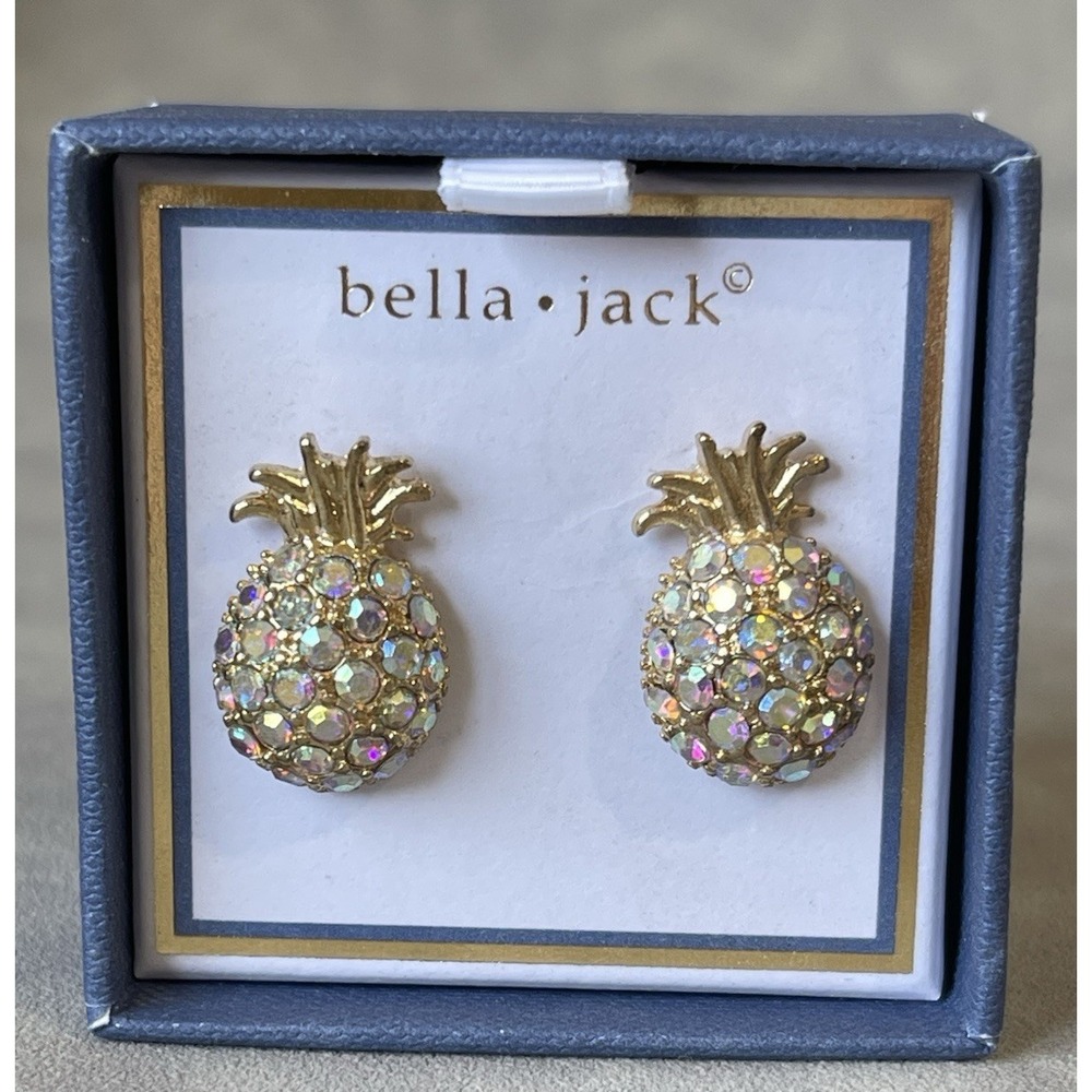 BELLA JACK PINEAPPLE AB RHINESTONE PAVE GOLD TONE STUD EARRINGS TROPICAL VACATIO